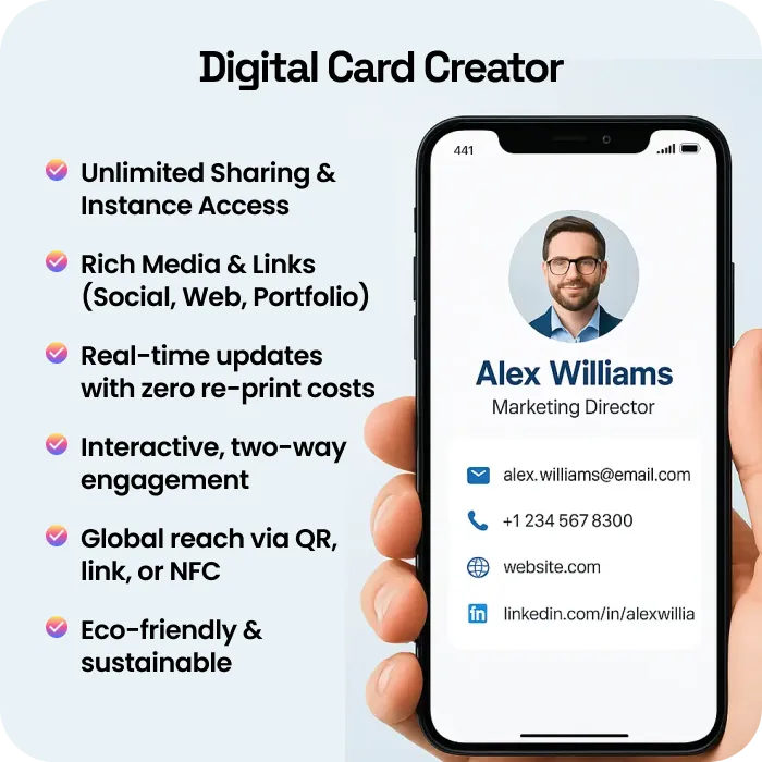 Digital Card Creator comparison — unlimited sharing, rich media links, real-time updates, and global QR reach
