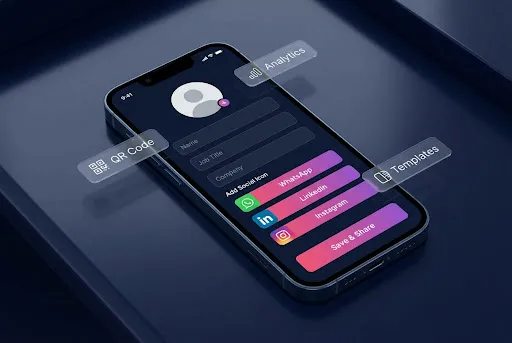 Smartphone with floating QR code, analytics, and social sharing feature labels