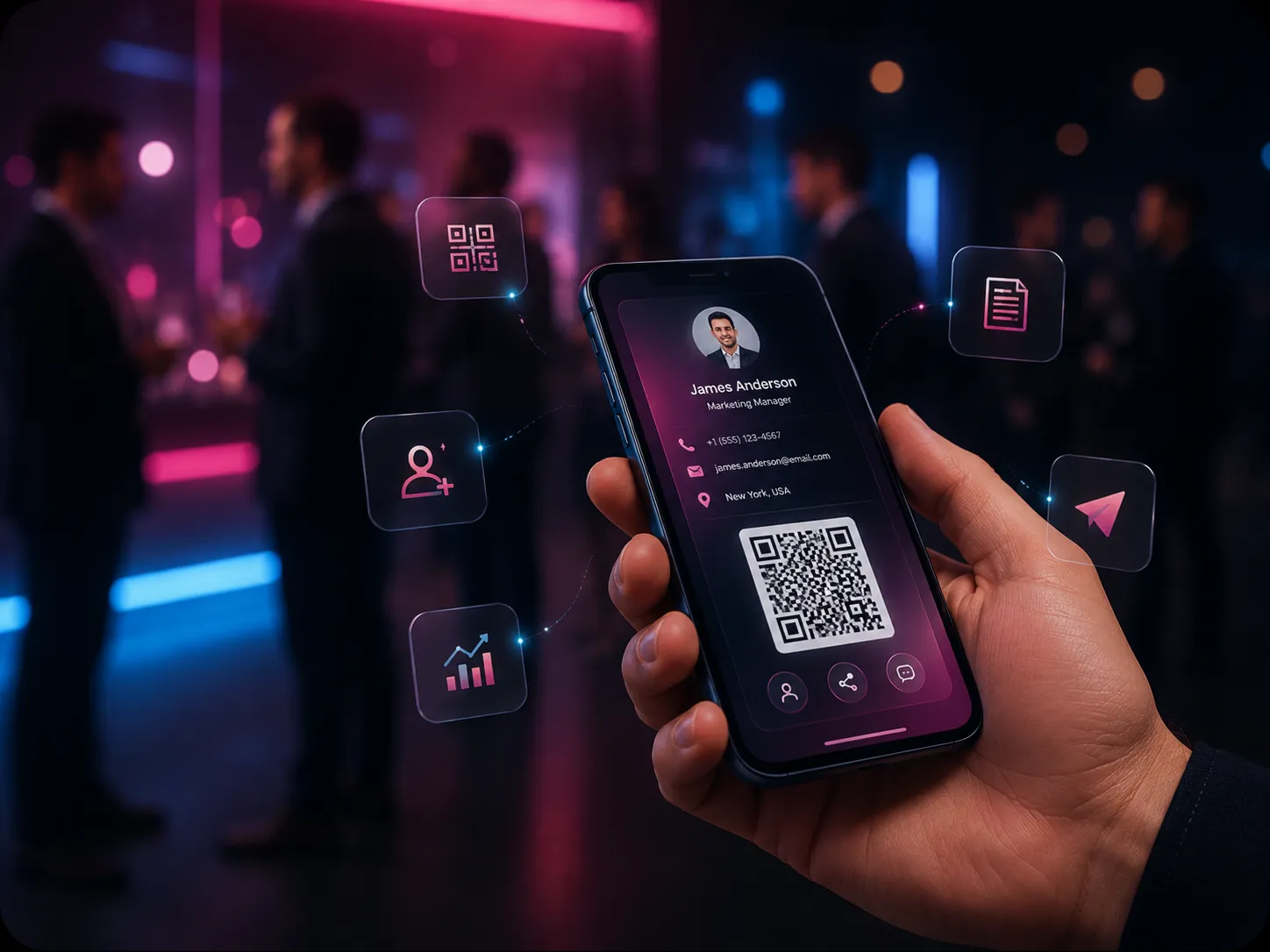 Hand holding a smartphone displaying a digital business card with QR code and floating feature icons