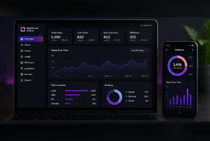 Laptop and phone displaying analytics dashboard with views, clicks, and engagement stats