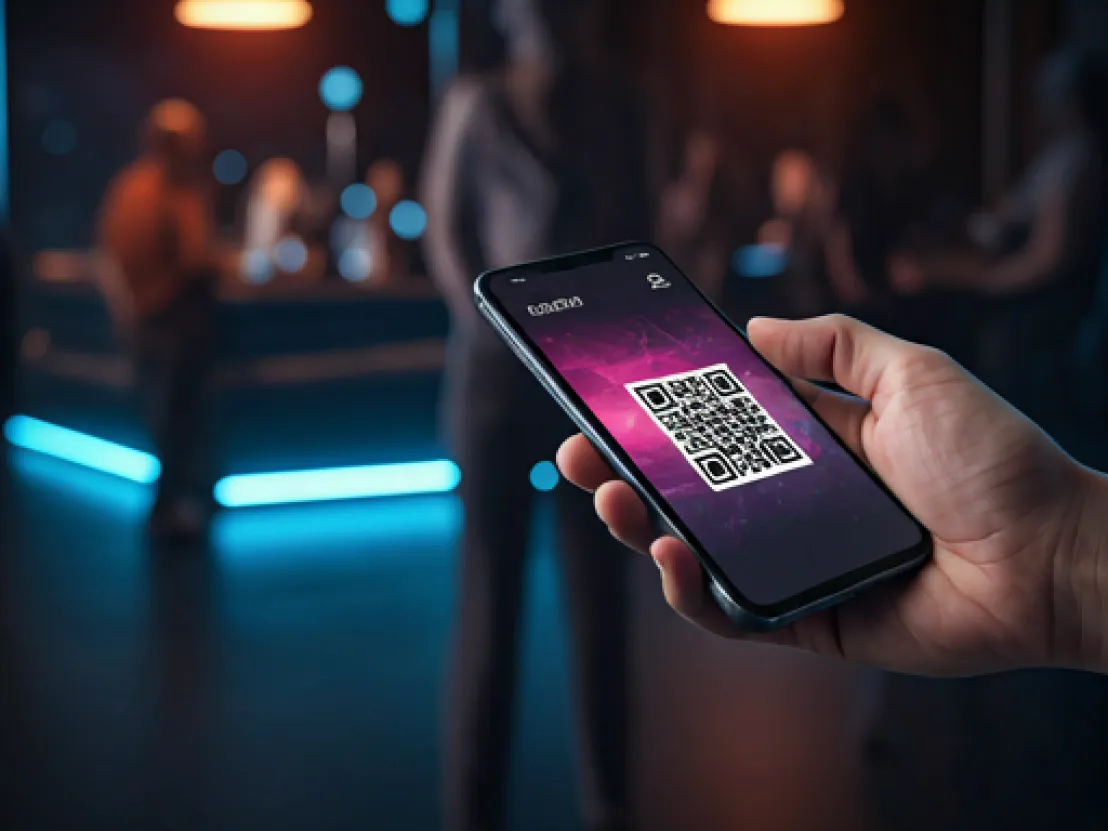 Hand holding a phone displaying a digital card QR code
