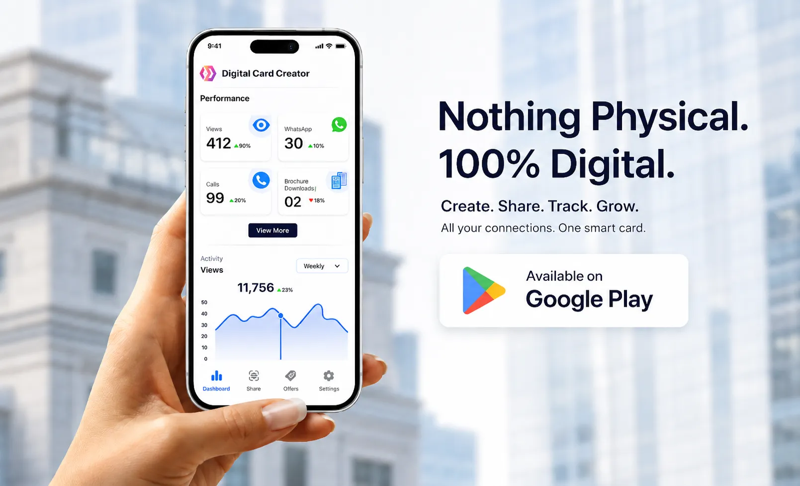 Digital Card Creator app showing performance dashboard with Nothing Physical 100% Digital message