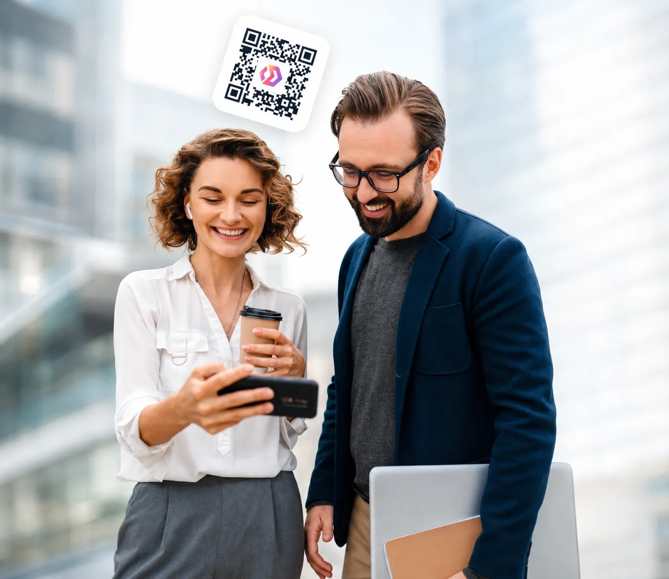 Two professionals sharing a digital business card on smartphone with floating QR code