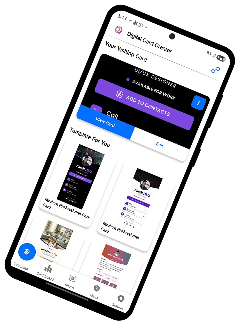 Build card screen with templates in Digital Card Creator app