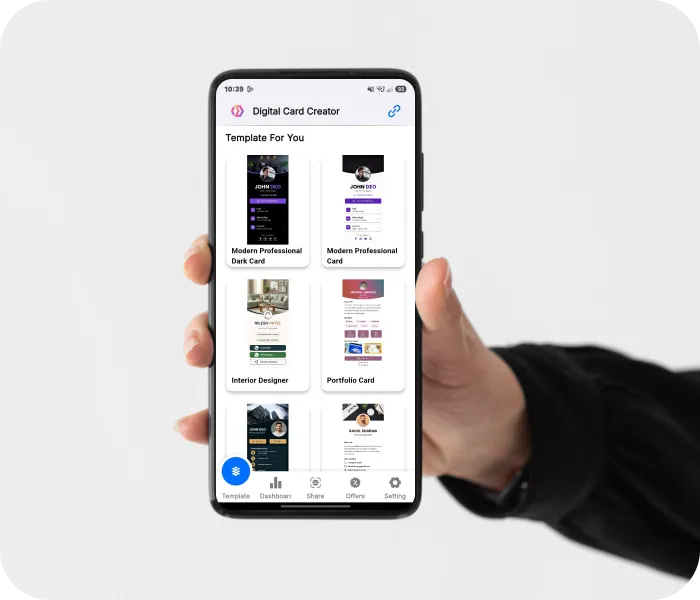 Hand holding a phone showing Digital Card Creator template gallery